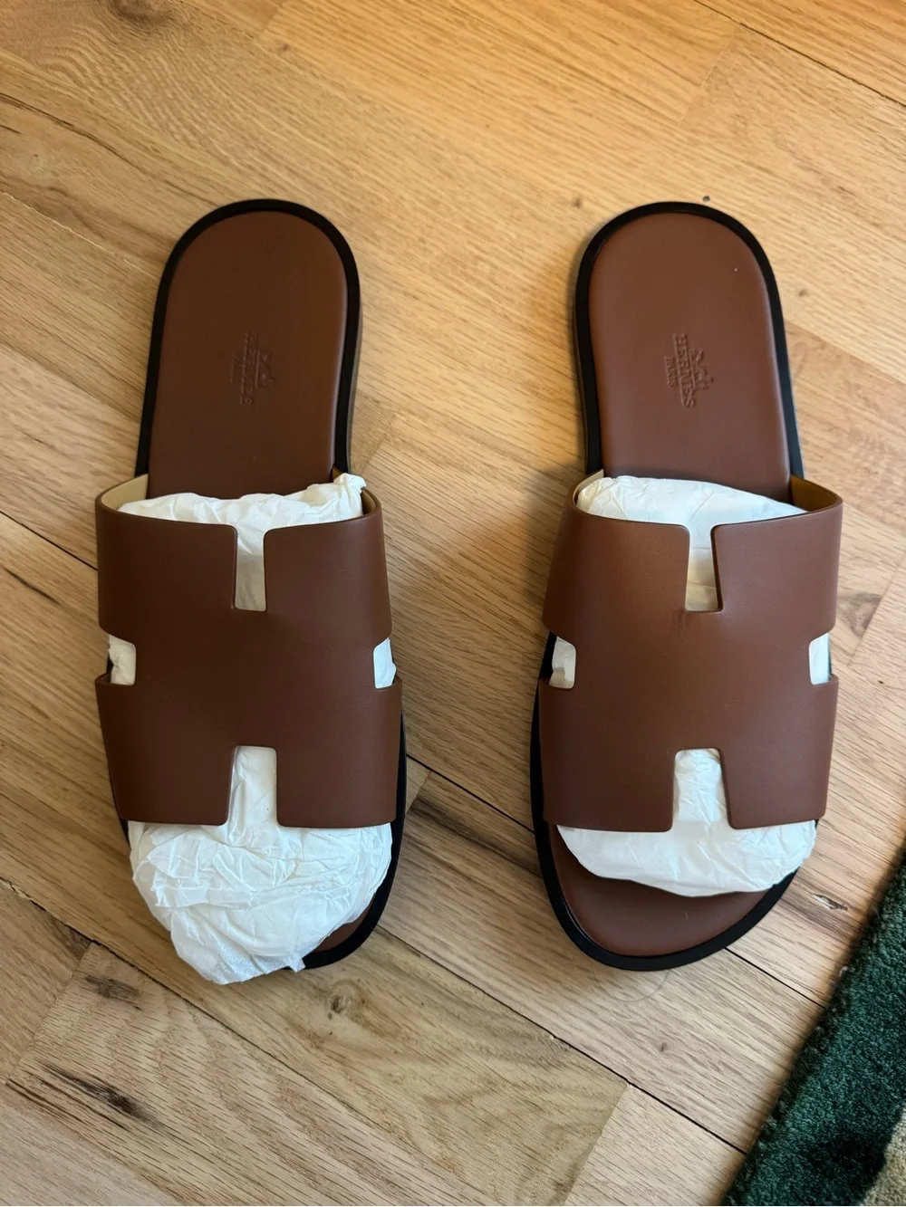 Men's Hermes Izmir Sandals Gold Sz 44 EUC W/ Box Dust Bags